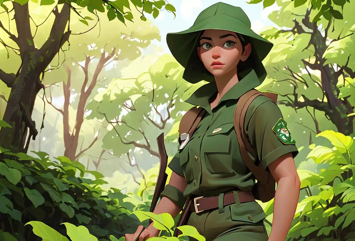 Dedicated ranger patrolling a scenic trail, wearing a protective hat, surrounded by lush greenery and majestic wildlife..