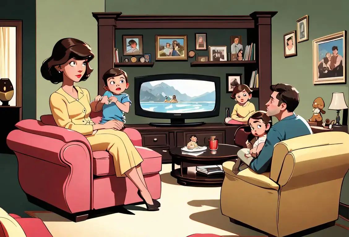 A family sitting on a couch in a cozy living room, watching a classic television show on a vintage TV set..