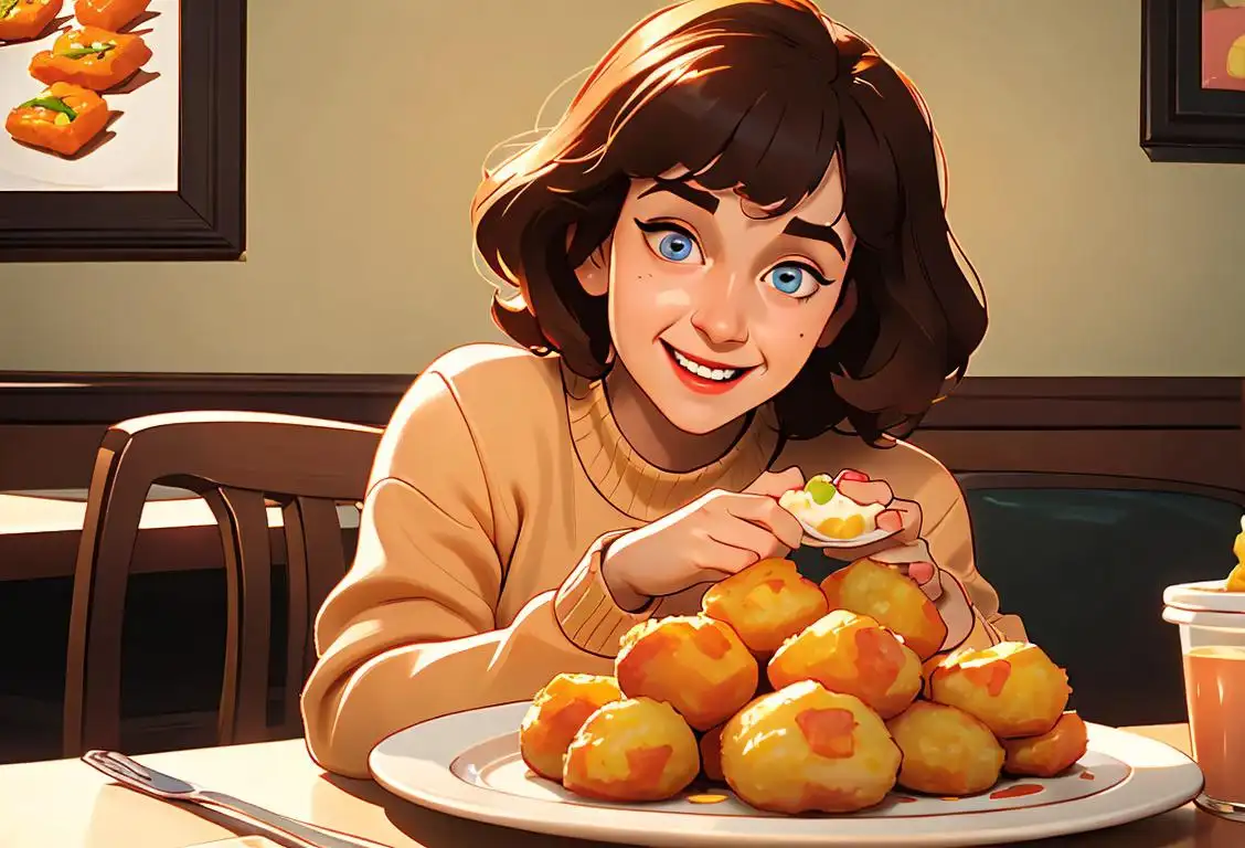A joyful person holding a plate of Tater Tots, wearing a cozy sweater, in a vintage-inspired diner setting..