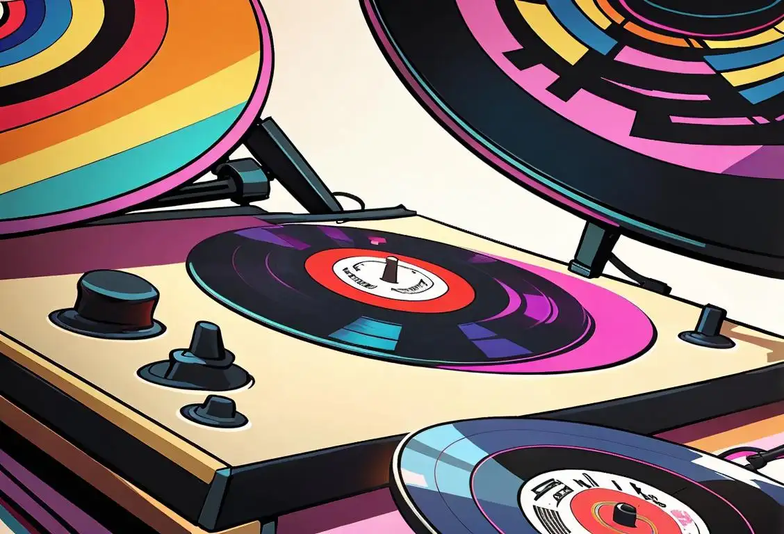 A person in retro clothing, grooving to music on a turntable, surrounded by colorful vinyl records..