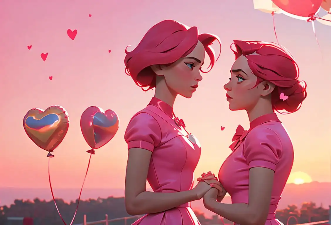 Two people holding hands, wearing matching red and pink outfits, surrounded by heart-shaped balloons and a beautiful sunset in the background..