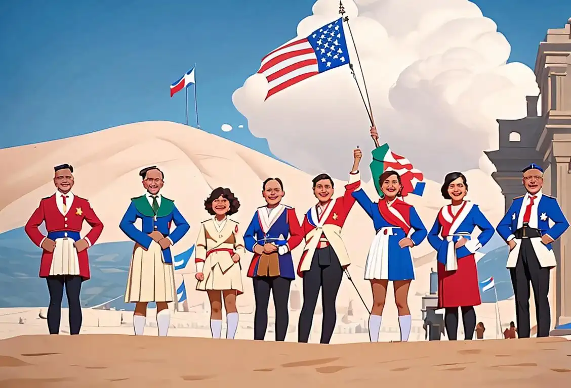 A group of diverse individuals holding the national flag with smiling faces, wearing patriotic attire, against a backdrop of iconic landmarks..