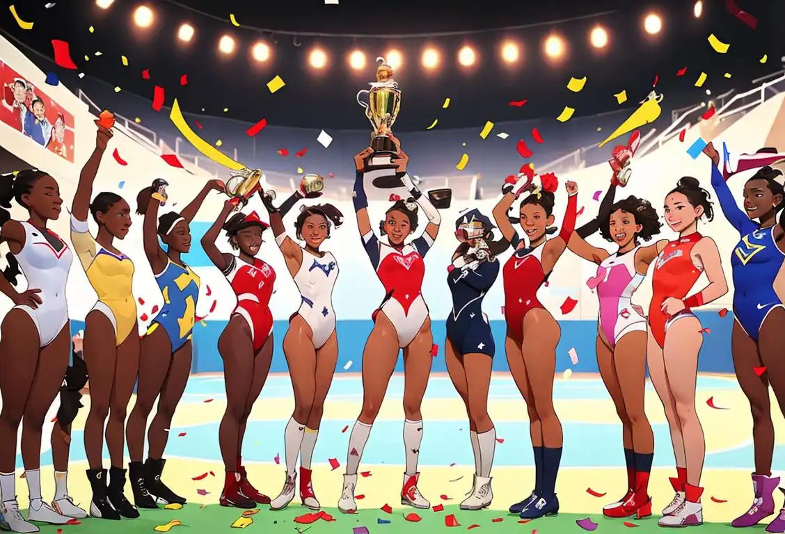 A diverse group of athletes, representing various sports, celebrating their national championships with confetti and trophies. Some wearing jerseys, others in leotards or uniforms, in an arena setting..