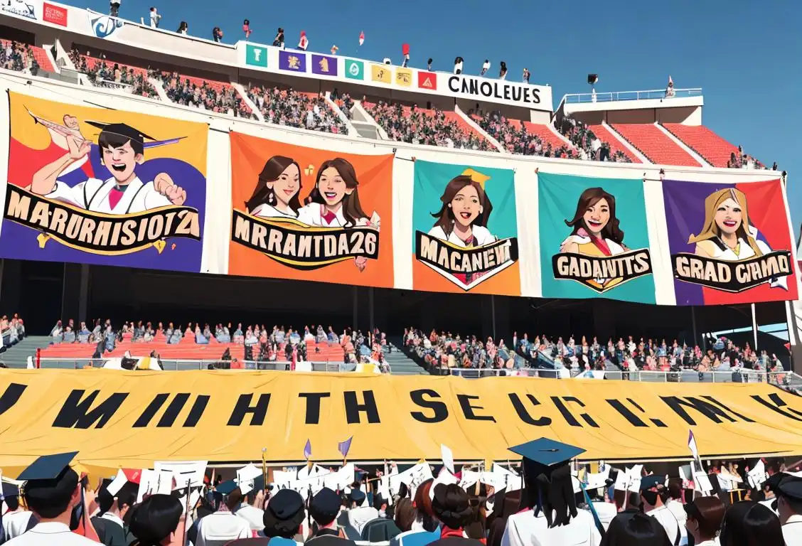 Group of diverse students wearing graduation caps and gowns, holding banners with school logos, in a stadium filled with cheering crowd..
