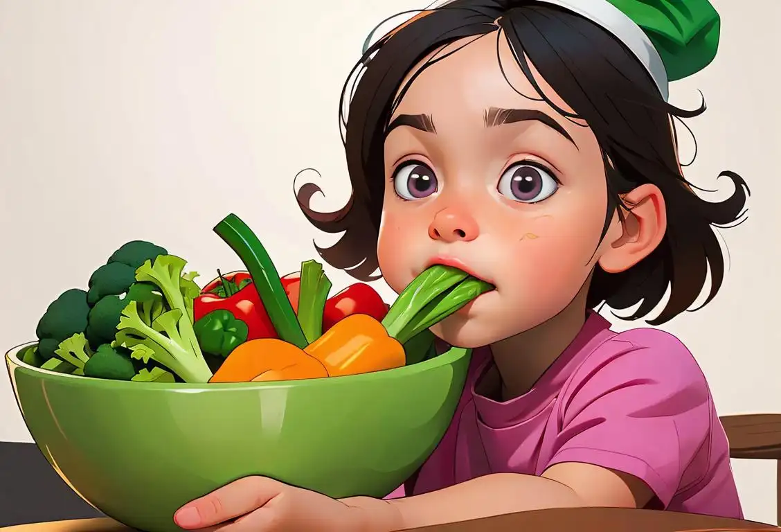 Young child happily eating a bowl of colorful vegetables, wearing a chef hat, kitchen background..