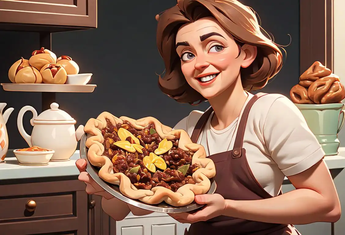Joyful baker, wearing a cozy apron, holding a delicious pie with a merry mix of sweet and savory mincemeat filling..