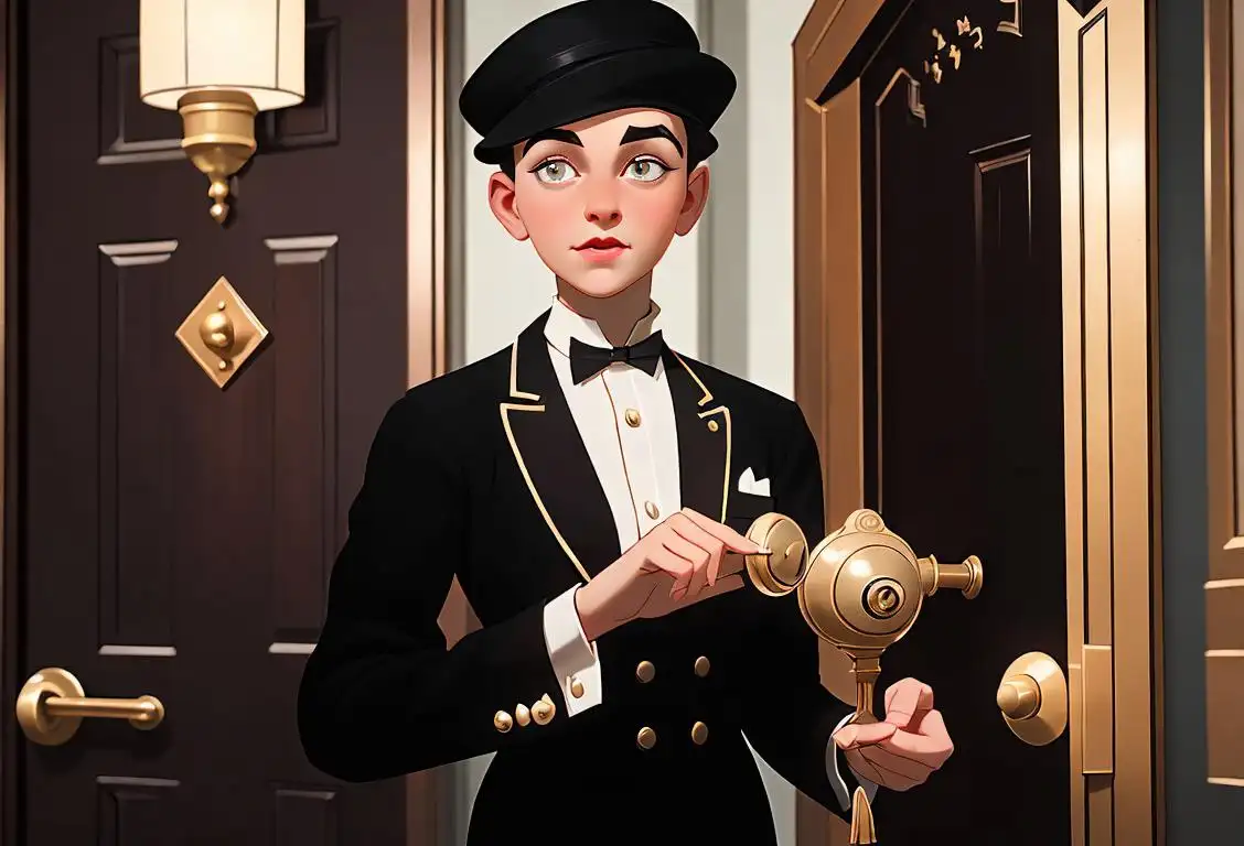 Young person dressed in a classic bellhop uniform, holding a vintage doorbell, 1920s grand hotel lobby setting..