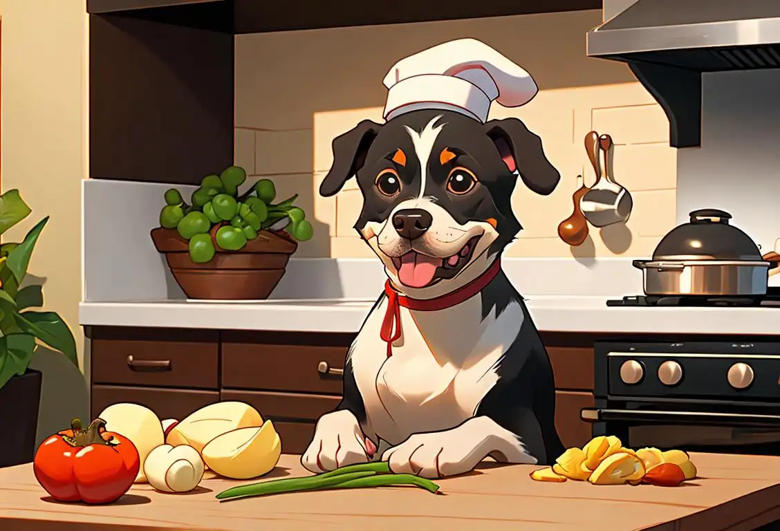 Happy dog with chef hat, sitting in a cozy kitchen, surrounded by fresh ingredients and a heartwarming homemade meal..