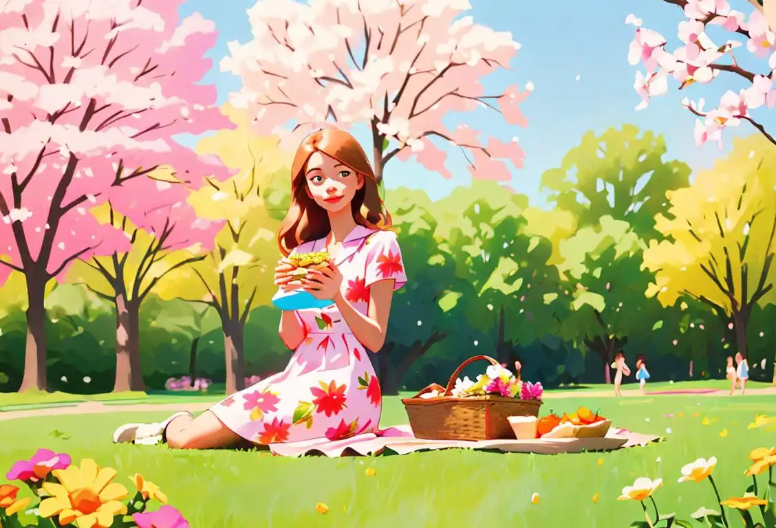 Young woman named Maria, wearing a floral dress, enjoying a picnic in a sunny park, surrounded by colorful flowers..