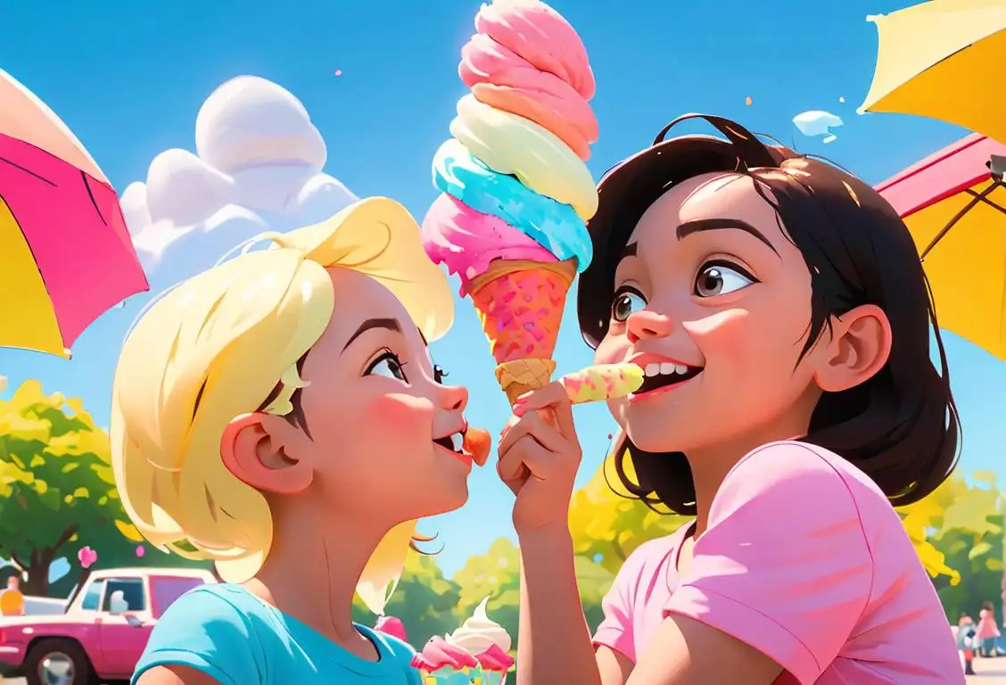 A cheerful child holding an ice cream cone with colorful sprinkles, surrounded by a sunny park and happy families enjoying their frozen treats..