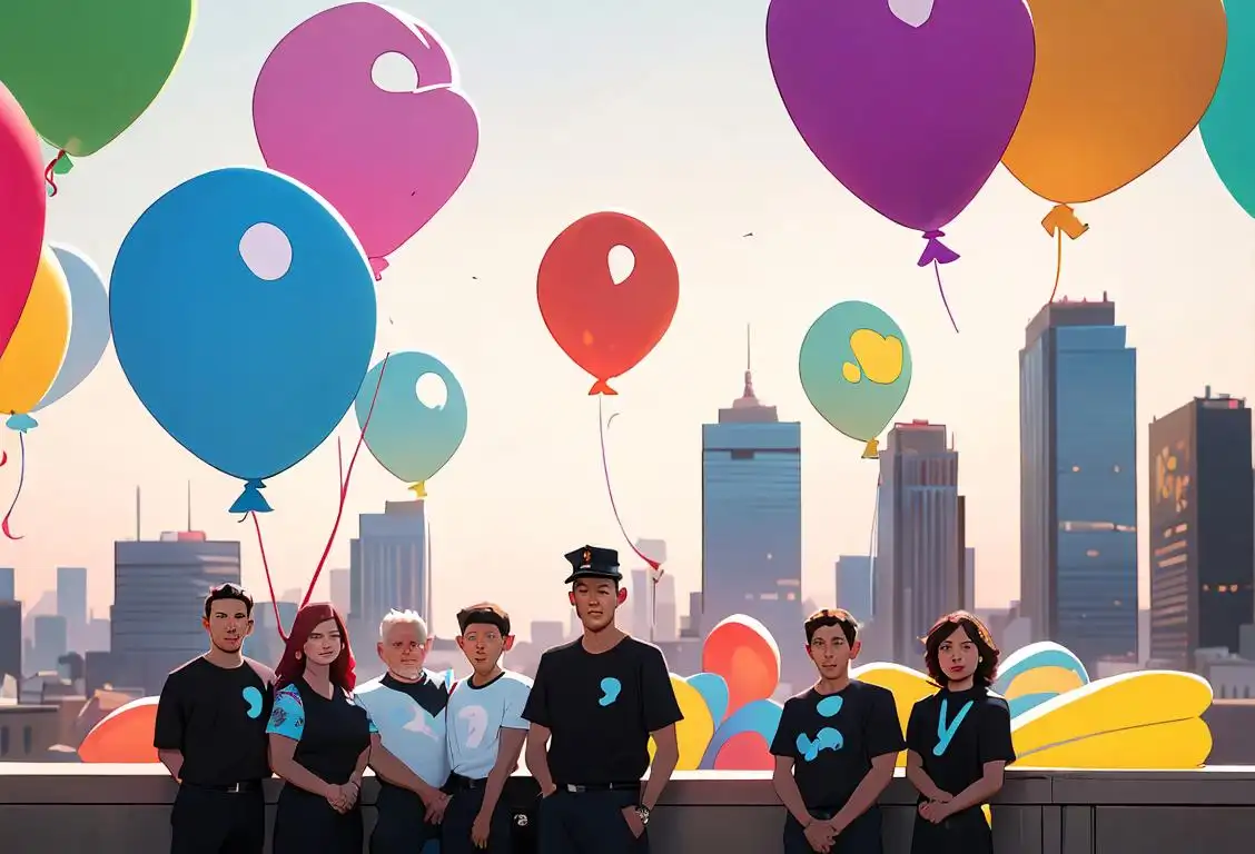 A diverse group of people named James, varying in age and occupation, all wearing branded t-shirts with 'James' printed on them, standing in front of a vibrant city skyline. Each James carries an object that represents their unique profession or interest. They are surrounded by colorful balloons and holding signs that say '#NationalJamesDay'..