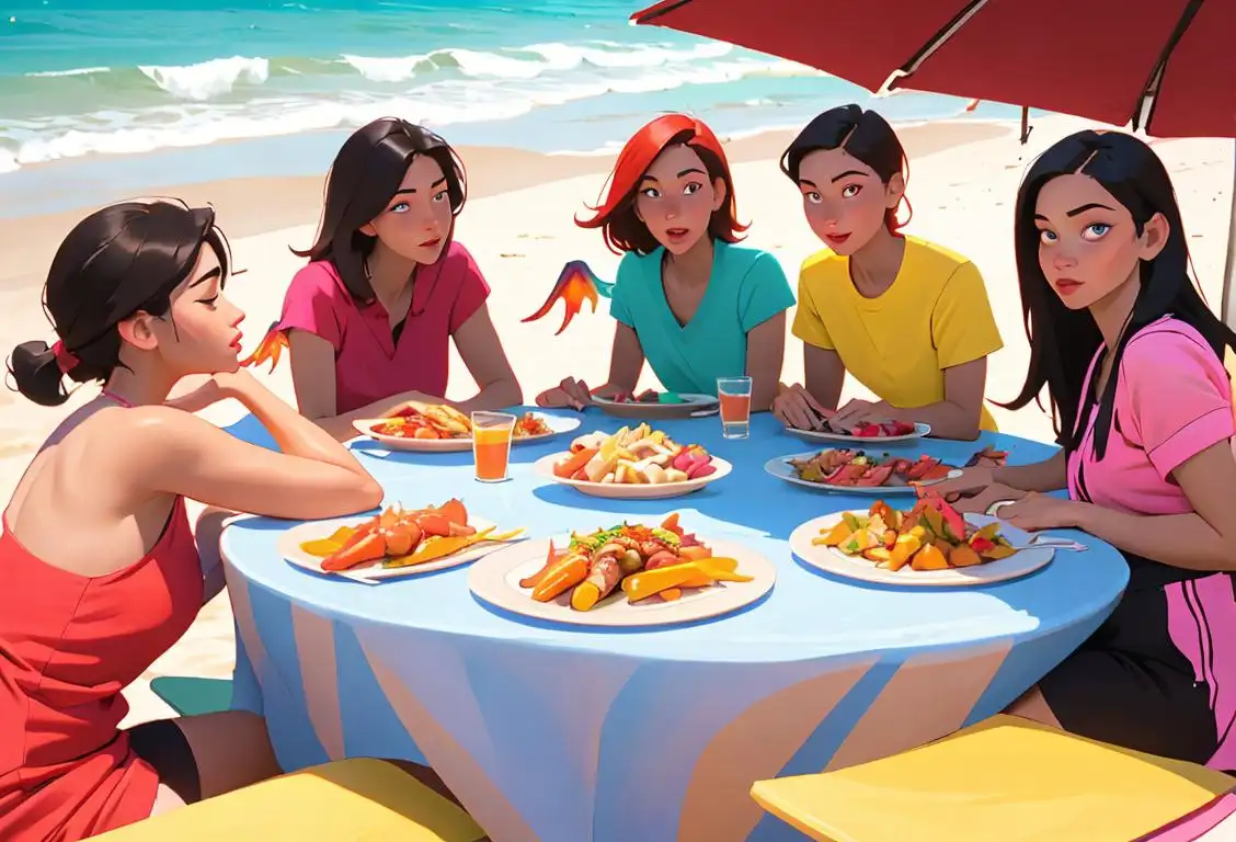 A group of friends gathered around a plate of hot wings, wearing colorful summer outfits, beach setting..