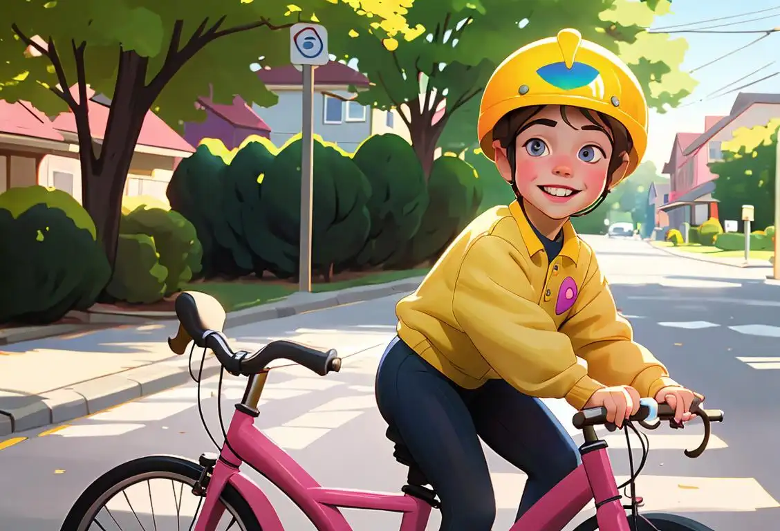Young child riding a bicycle with a bright smile, wearing a colorful helmet, suburban neighborhood setting..