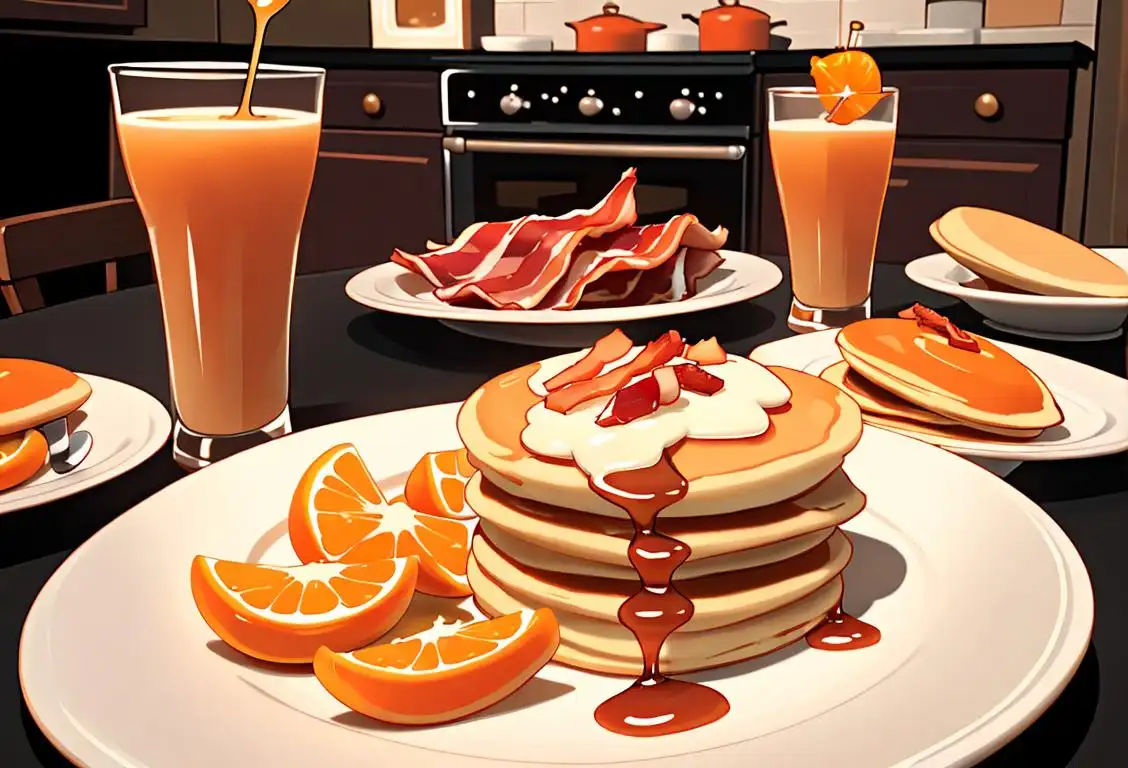 A cozy kitchen scene with a table set for brunch, featuring a mouthwatering spread of pancakes, crispy bacon, and freshly squeezed orange juice..