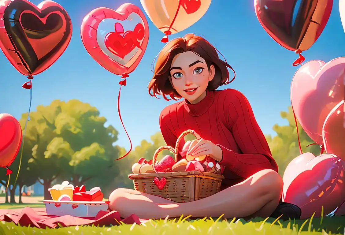 Image prompt: A charming person in a red sweater, surrounded by heart-shaped balloons, enjoying a picnic in a beautiful park..