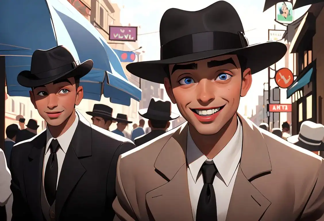 Young man named Fredo with a big smile, wearing a stylish fedora hat, urban street scene, surrounded by friends..