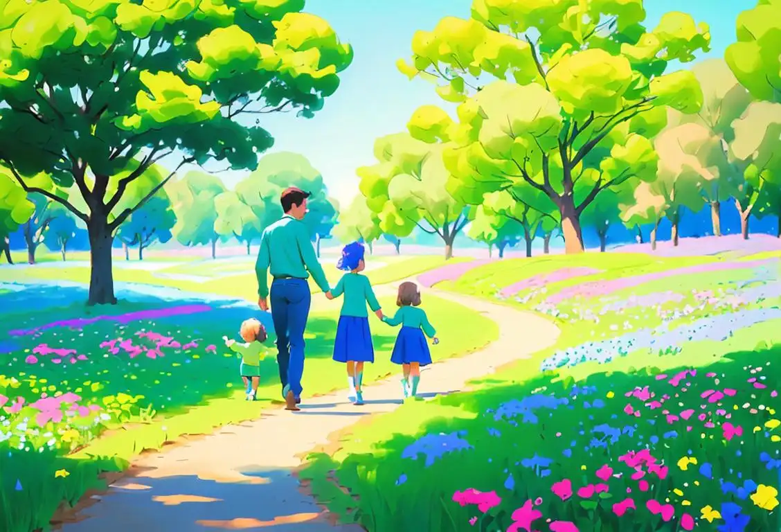 Young family walking in a blooming field of blue and green flowers, wearing pastel-colored clothing, enjoying the beauty of National Bluegreening Day..