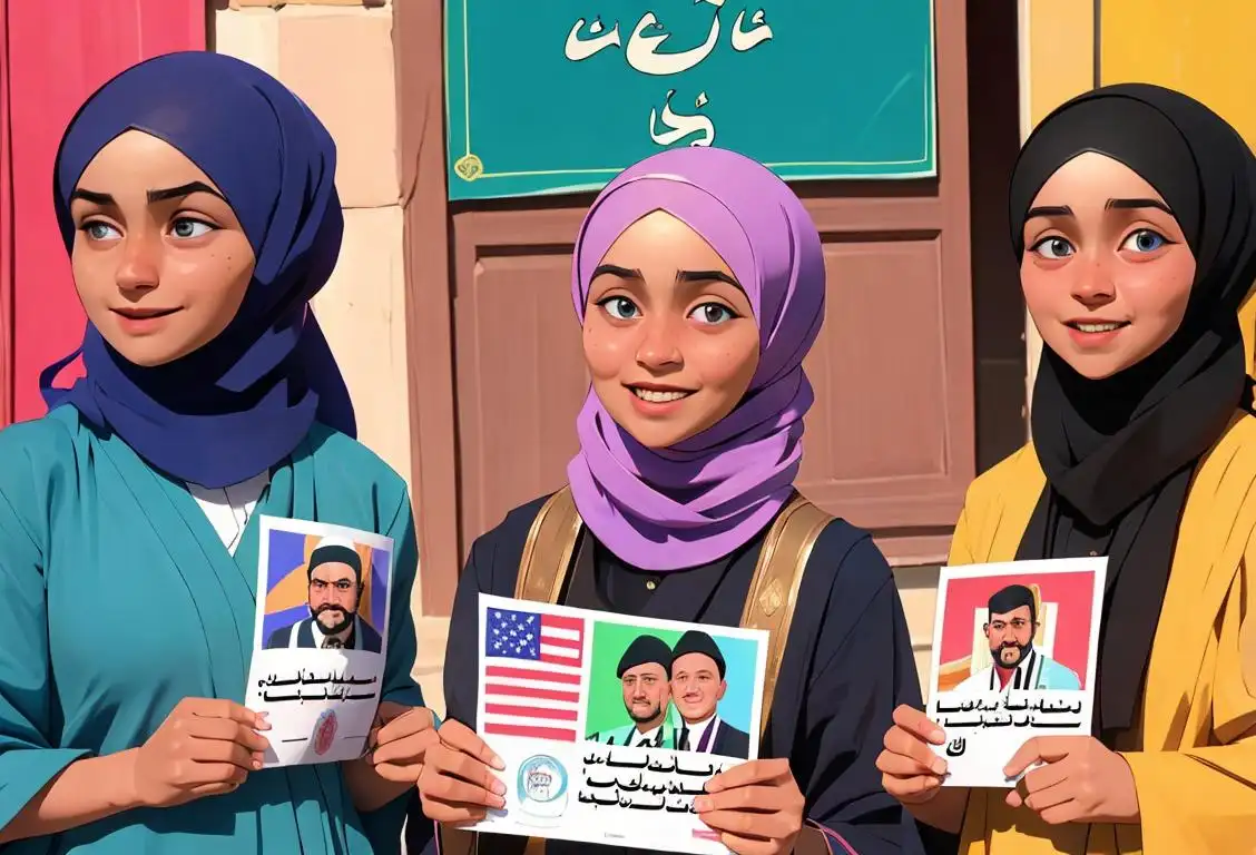 A diverse group of Muslim voters wearing colorful traditional clothing, holding pamphlets and smiling, standing in front of a symbol of democracy..