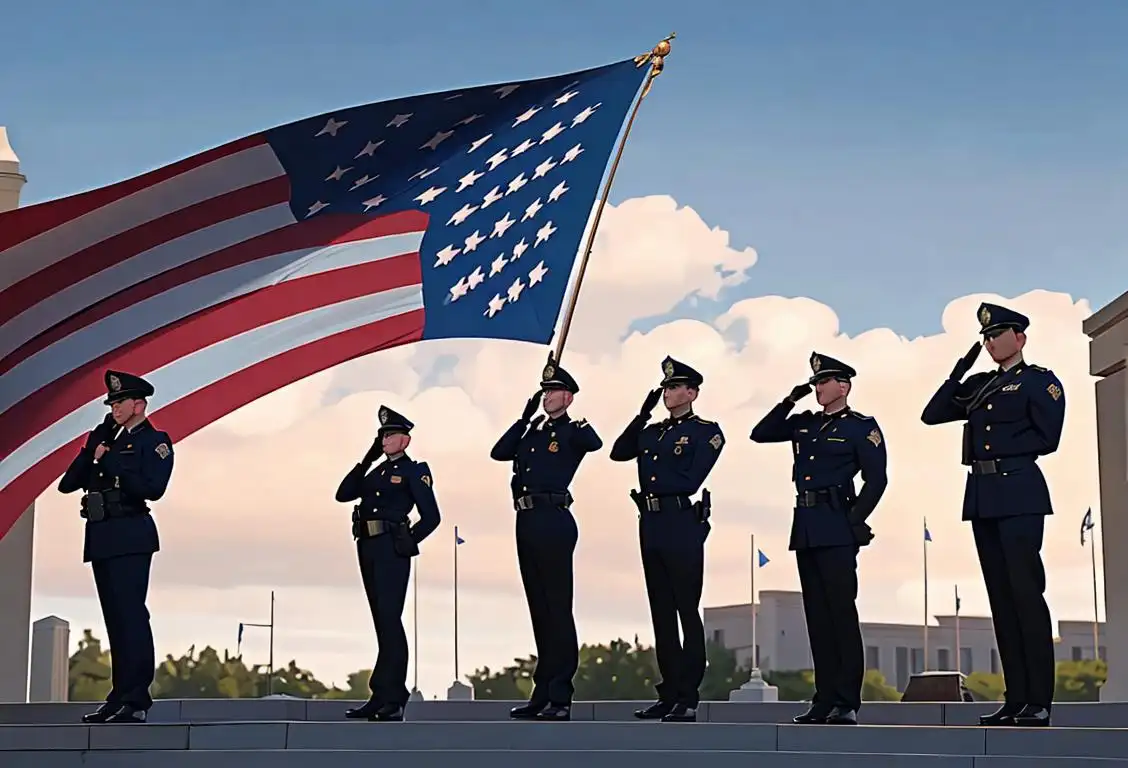 A group of law enforcement officers standing together in uniform, saluting in front of a peaceful American flag backdrop..