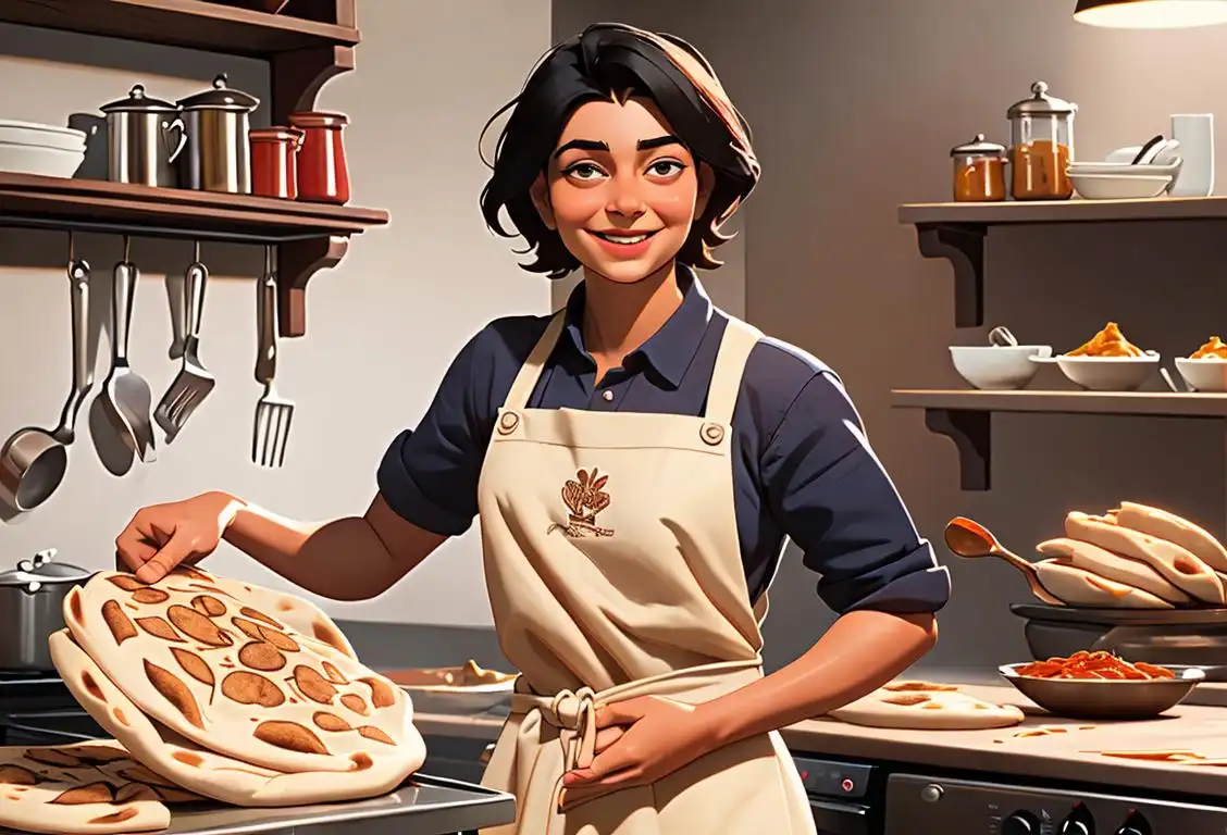 A smiling person, wearing a traditional apron, cooking parathas on a hot griddle in a bustling kitchen, surrounded by delicious spices and utensils..