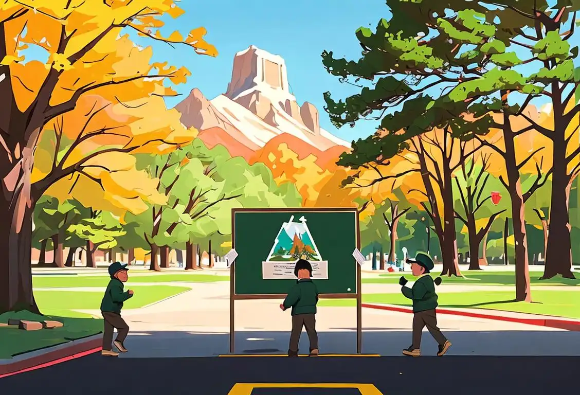 Park ranger holding a sign with the National Parks logo, surrounded by excited children in nature setting..