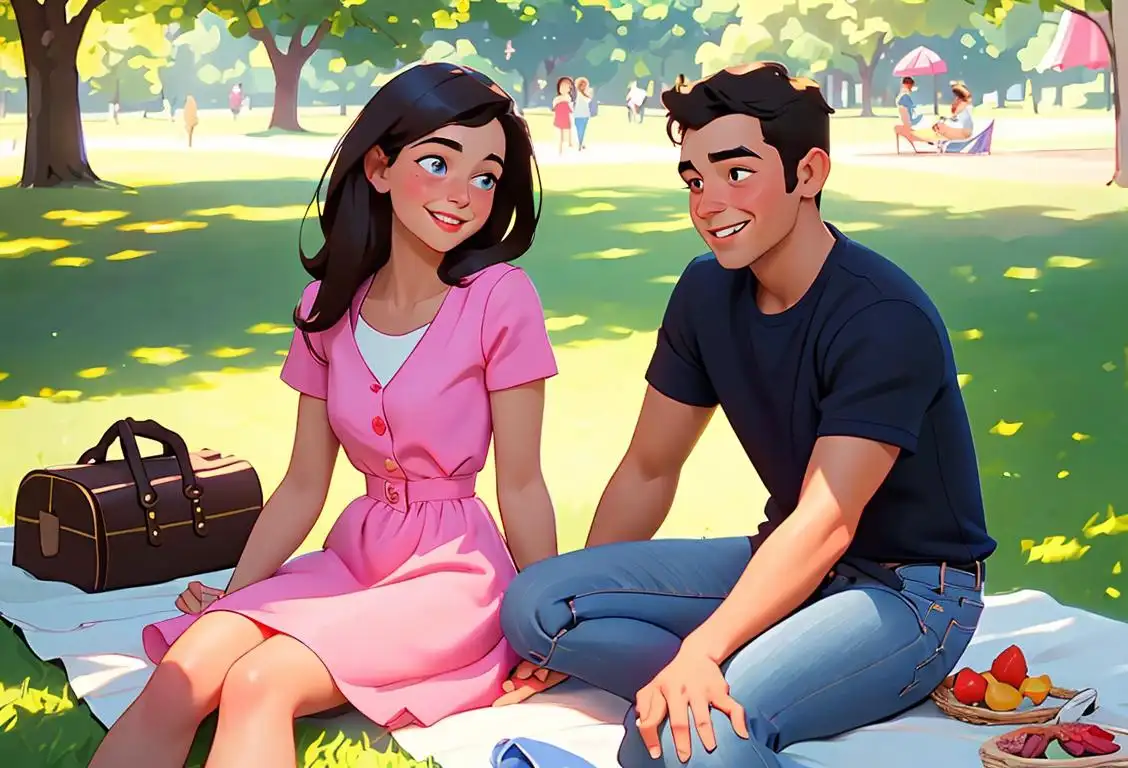 A couple sitting on a picnic blanket in a sunny park, holding hands and smiling with love. The woman is wearing a cute summer dress, while the man is in a casual shirt and jeans..