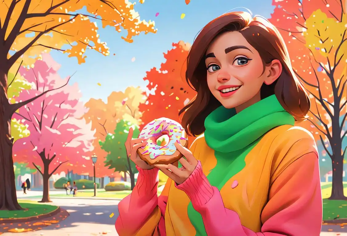 Young woman happily holding a donut with colorful sprinkles, wearing a cozy sweater, autumn park setting..