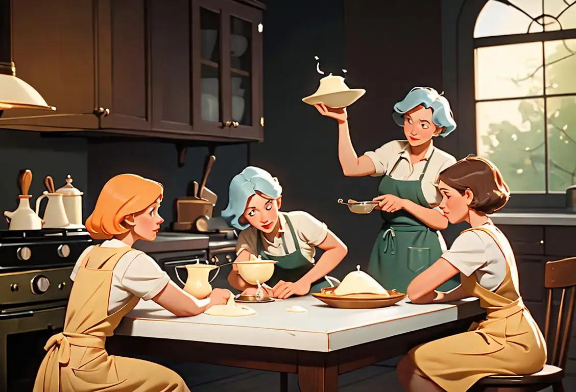 A group of people gathered around a table, pouring tallow into molds, wearing vintage aprons, mid-century kitchen setting..