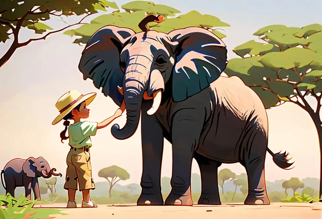 A joyful child interacting with elephants in a lush African safari, wearing a colorful safari hat and exploring nature..