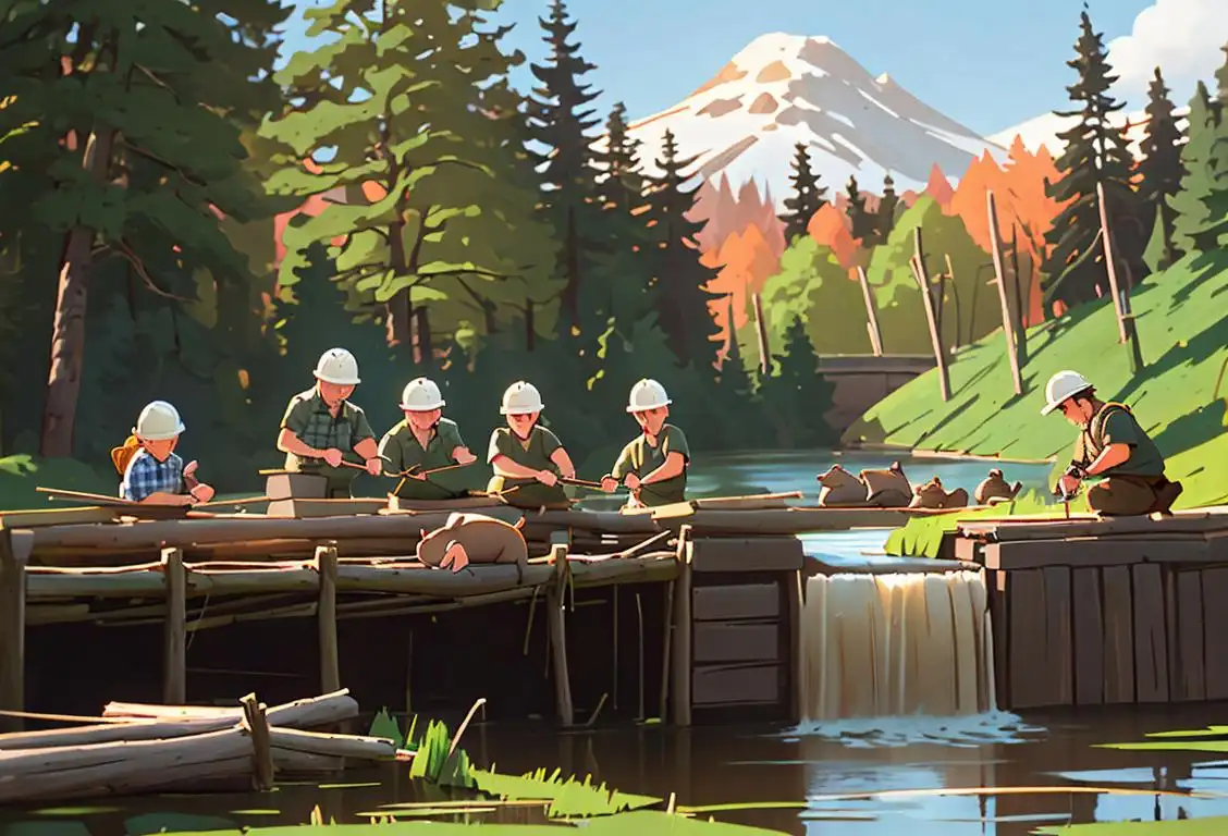 A group of beavers happily building a dam in a serene woodland setting. They are wearing construction helmets and fashionable plaid shirts..