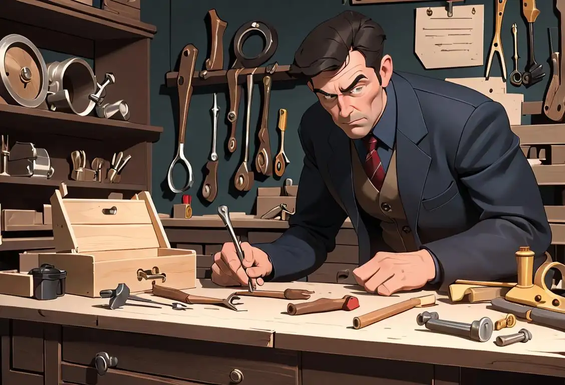 Strong and confident gentleman wearing a stylish suit, holding a toolbox, surrounded by tools, in a workshop filled with woodwork projects..