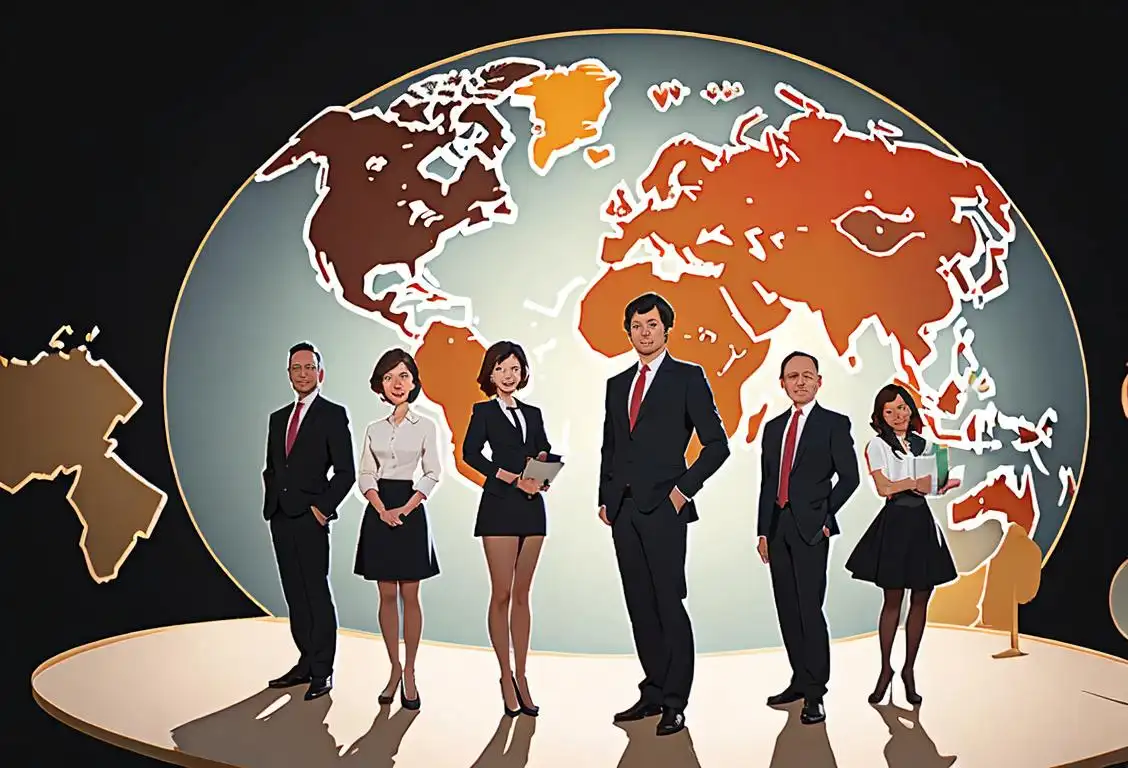 A diverse group of people, dressed in professional attire, representing different industries, standing in front of a world map..