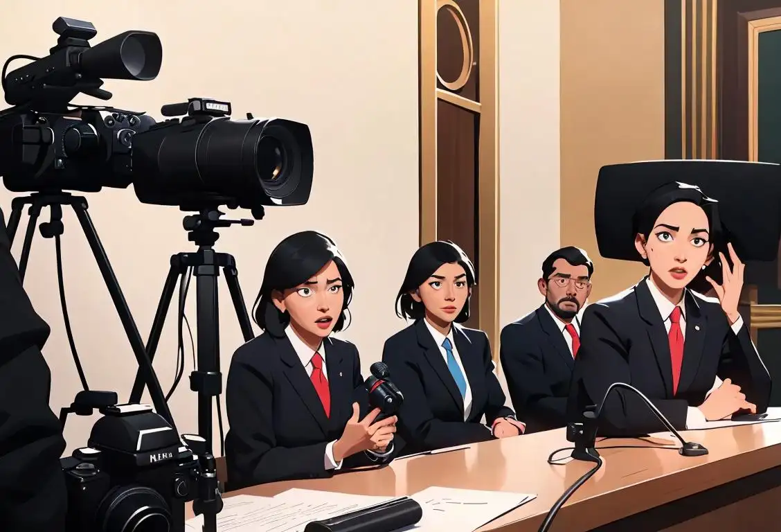 A diverse group of individuals, dressed in professional attire, sitting in front of microphones, with cameras capturing the important moment..