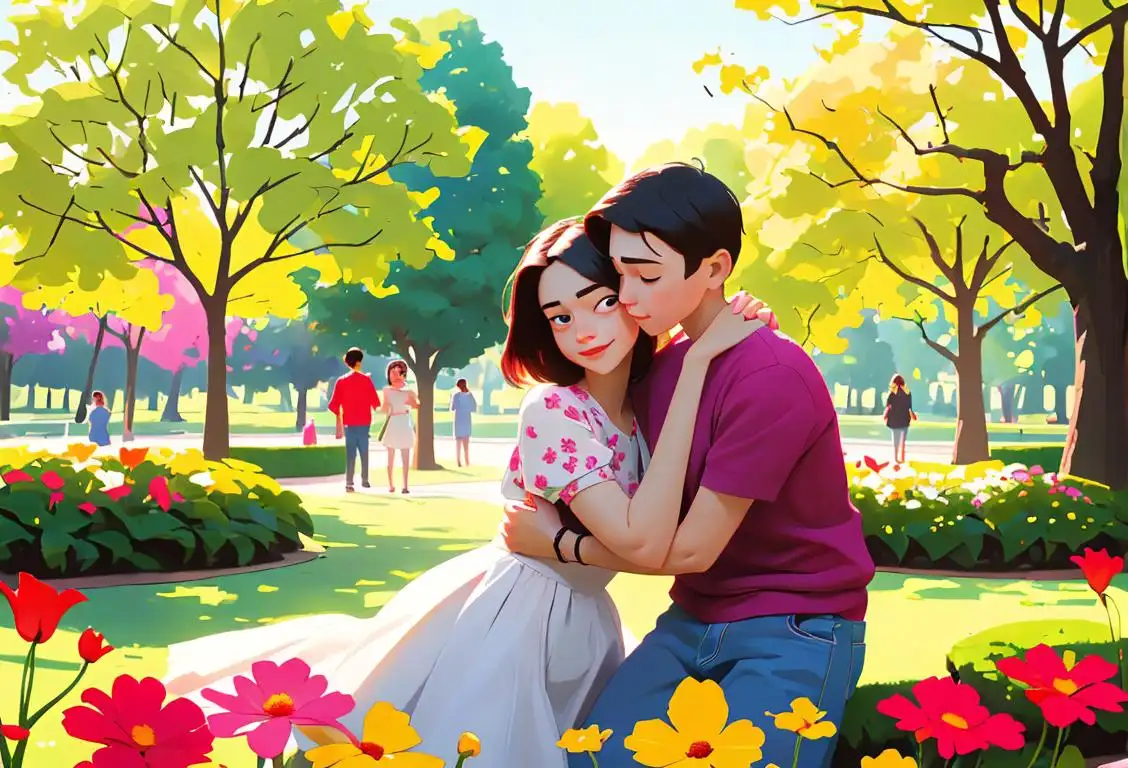 Two siblings, a brother and a sister, hugging in a beautiful park, dressed in casual and trendy attire, surrounded by colorful flowers and enjoying each other's company..