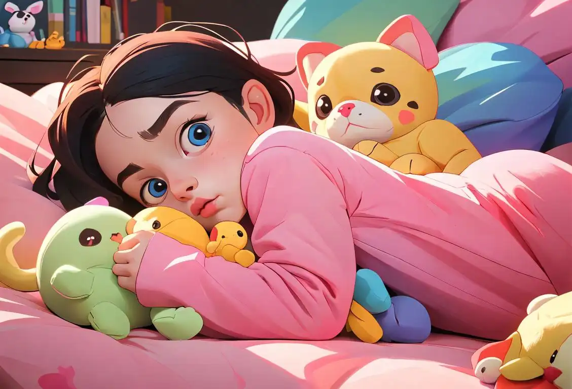 Young child cuddling a variety of cute pets, wearing cozy pajamas, surrounded by stuffed animals and colorful toys..