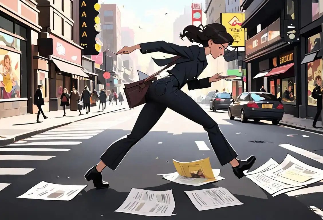 A person rushing in a stylish outfit, dropping papers everywhere in a bustling city street..