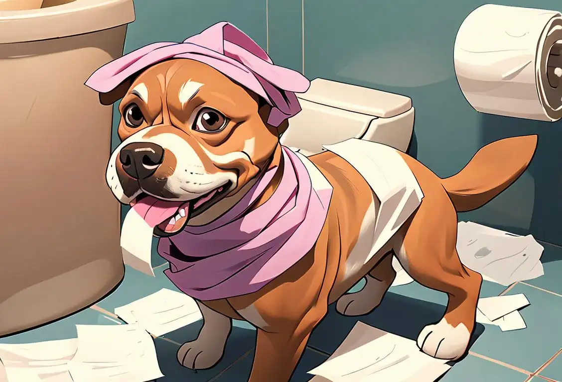 Happy dog holding a roll of toilet paper in its mouth, wearing a colorful bandana and surrounded by a clean and cozy bathroom..