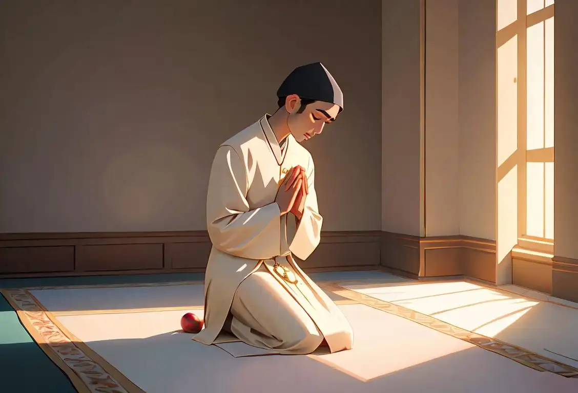 A person kneeling in prayer, wearing religious attire, in a serene natural setting, surrounded by rays of light..