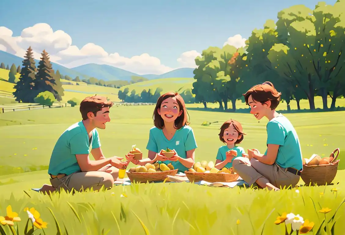 A happy family enjoying a potato-themed picnic in a beautiful Idaho countryside, wearing casual summer outfits, surrounded by lush green fields and blue skies..