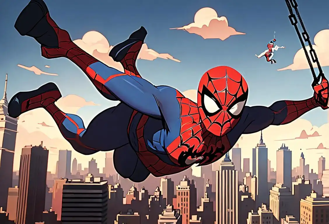 Young man in Spider-Man costume, swinging from a skyscraper, surrounded by web-like patterns, New York City skyline in the background..