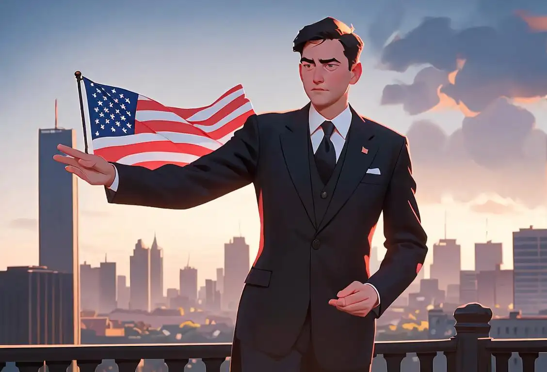 Young man shaking hands with a politician, dressed in formal attire, elegant city skyline backdrop, American flag in the background..