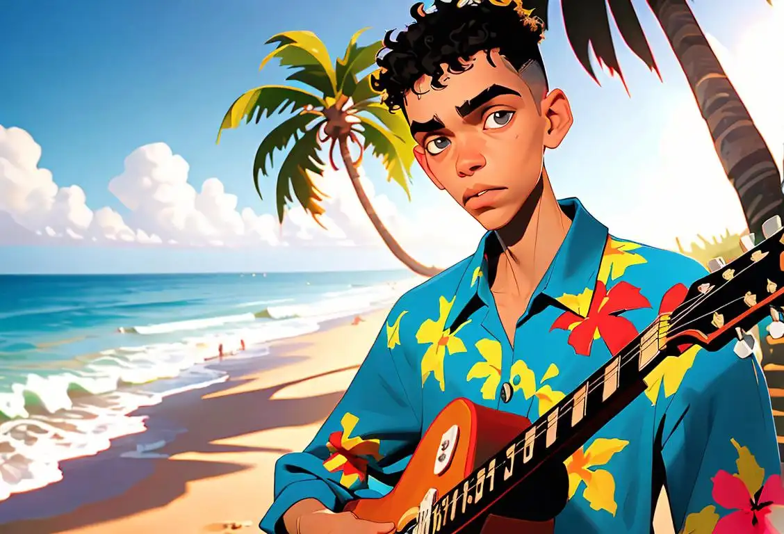 Young man playing guitar, wearing a colorful Hawaiian shirt, beach scene with palm trees, capturing the essence of National Dominic Fike Day..