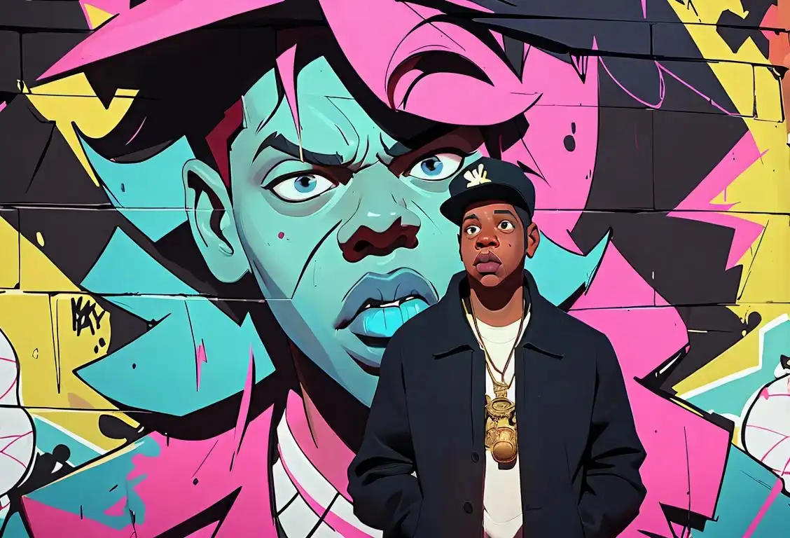 A confident young man, dressed in hip-hop attire, standing in front of a graffiti-covered wall, with a microphone in his hand, representing the vibrant spirit of National Jay-Z Day..