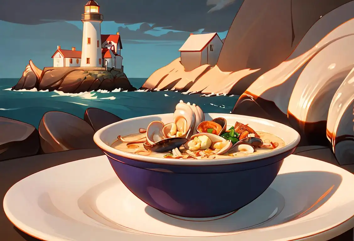 A cozy scene with a bowl of creamy clam chowder, a lighthouse in the background, and a sailor enjoying a warm meal..