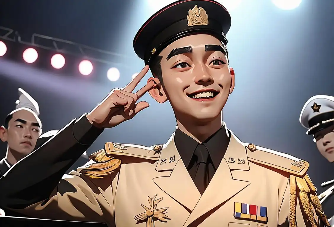 Korean musician smiling, wearing military uniform, surrounded by fans, K-pop concert setting..