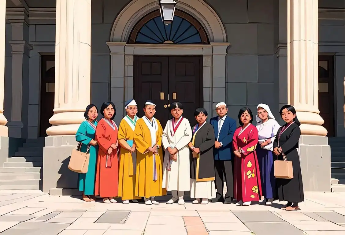 A diverse group of people representing different cultures and nationalities, wearing traditional clothing, in front of a government building..