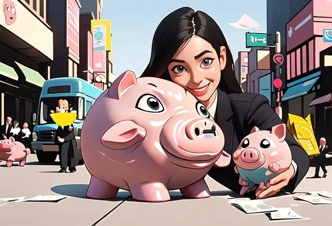 Smiling person holding a piggy bank, wearing business attire, in a bustling city setting..