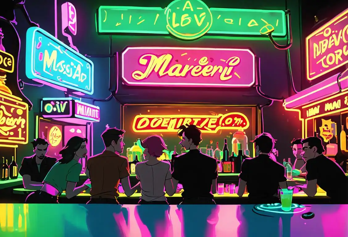 A group of friends at a lively bar, each holding a different colorful drink, surrounded by neon lights..