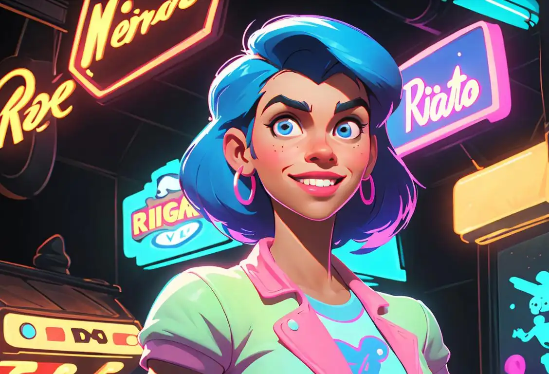 Young woman with a quirky smile, wearing a Reggie-inspired outfit, surrounded by retro arcade machines and vibrant neon lights..