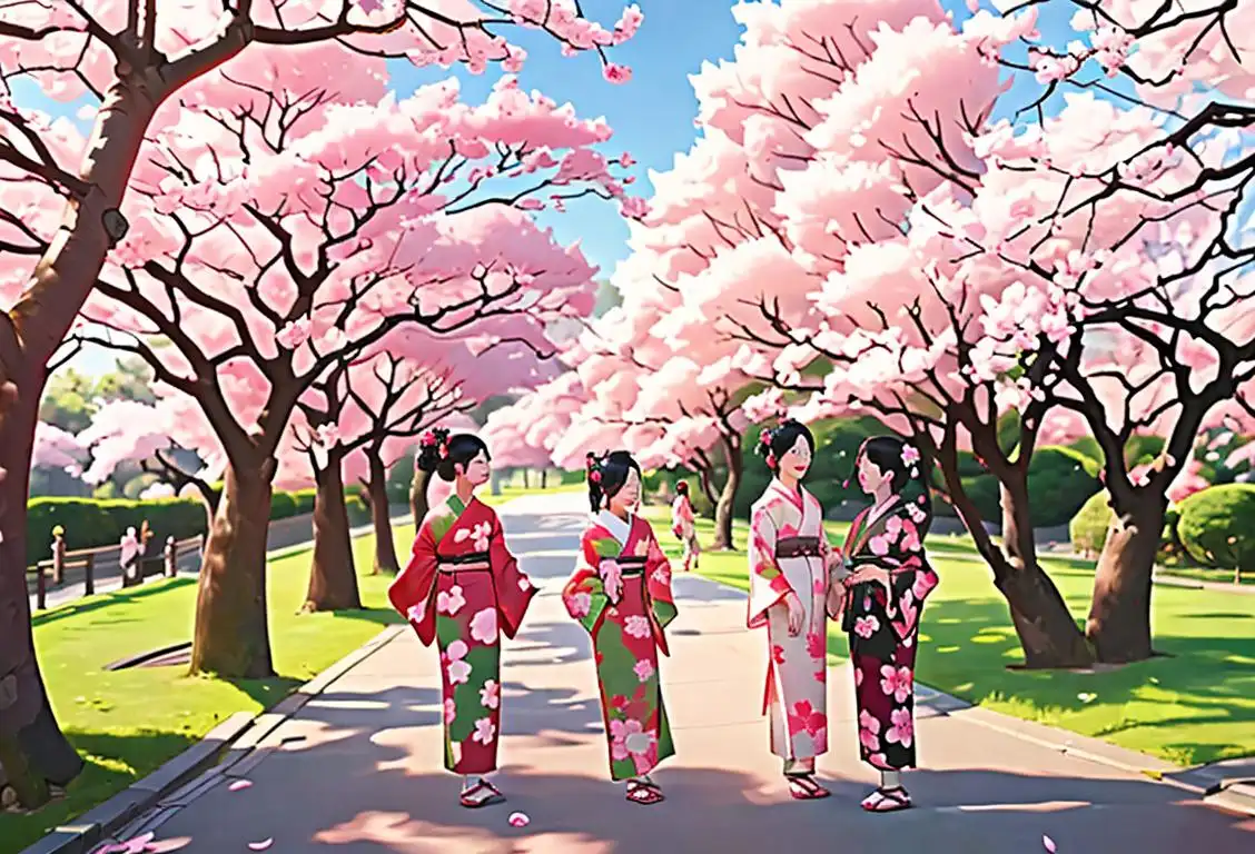Group of people wearing traditional Japanese kimonos, gathering under cherry blossom trees, with comical exaggerated facial expressions..